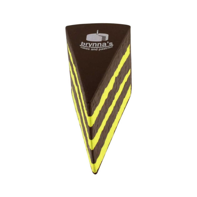 A chocolate cake-shaped stress reliever in brown with yellow stripes and a logo on top.