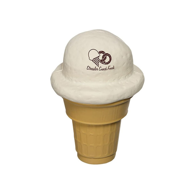 A stress reliever shaped like an ice cream cone, featuring a white scoop and a tan cone. Includes a logo.