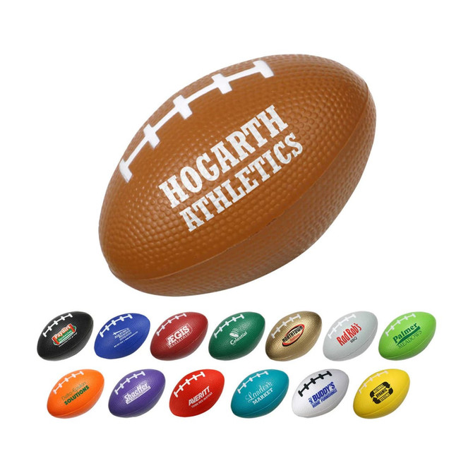 A brown rugby-shaped stress reliever with a white stripe and various smaller colourful rugby balls alongside.