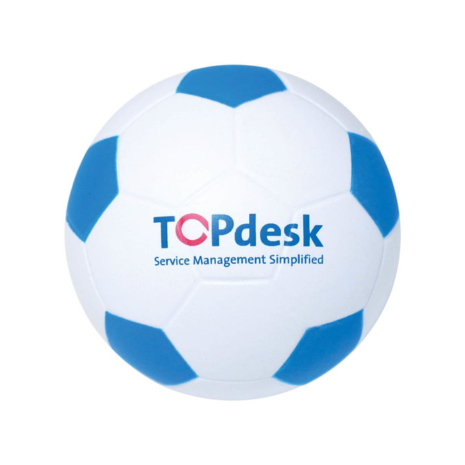 A football-shaped stress reliever in white and blue, featuring a logo on its surface.