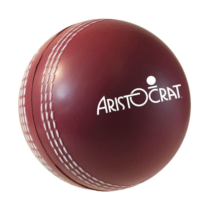 A maroon cricket ball-shaped stress reliever with white stitching and a logo.