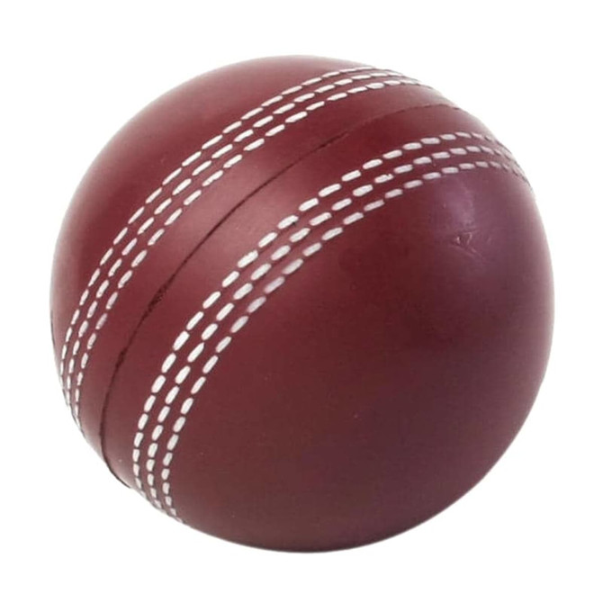A maroon cricket ball-shaped stress reliever with white stitching details, featuring a logo.