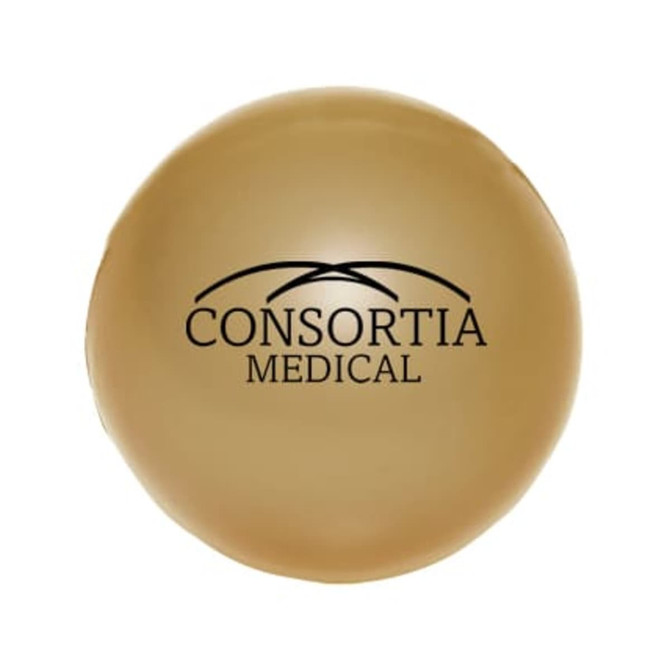 A gold 50mm ball shape stress reliever with a logo printed on its surface.