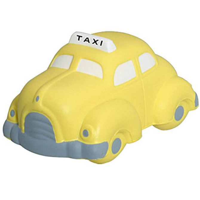A yellow taxi-shaped stress reliever with a grey base and a white taxi sign on top.