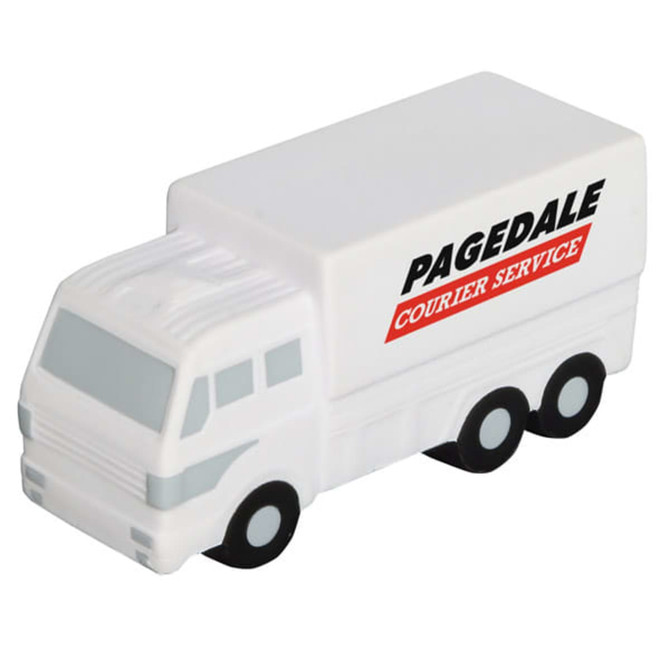 A white stress reliever in the shape of a delivery van, featuring black wheels and a logo.