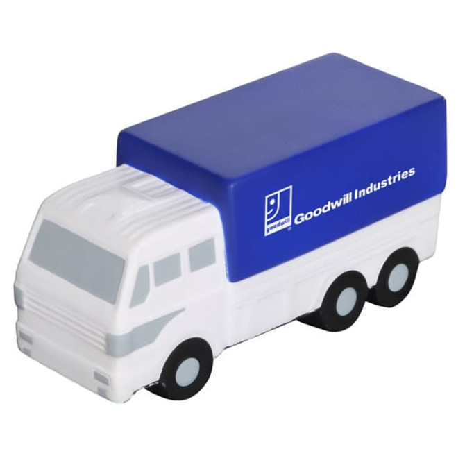 A white and blue van-shaped stress reliever with a logo on the side. Ideal for stress relief and fun.