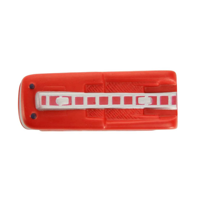 A red fire truck-shaped stress reliever with detailing in white and pink. It features a logo on one side.