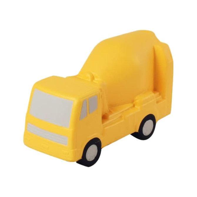 A yellow cement mixer car-shaped stress reliever with black wheels and a smooth finish. It features a logo on it.