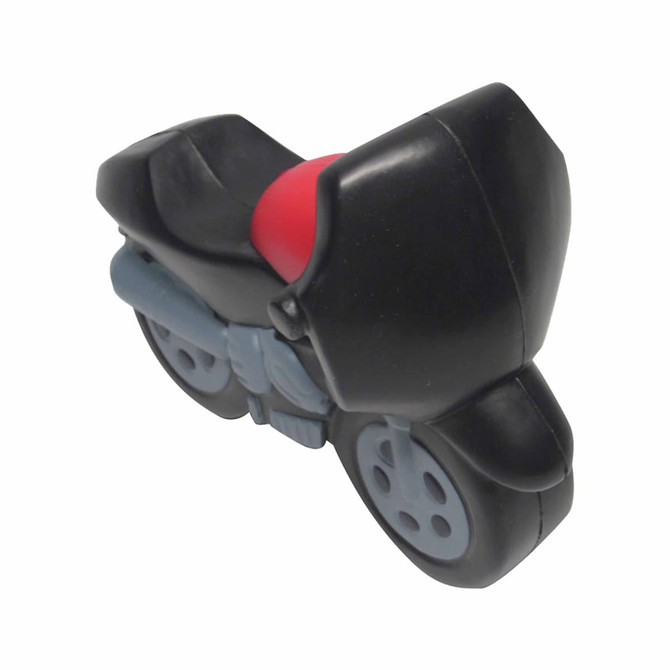 A black and grey motorbike-shaped stress reliever with a red seat, featuring a logo on the side.