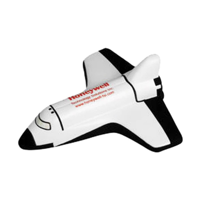 A shuttle-shaped stress reliever in white and black, featuring a logo on its side.