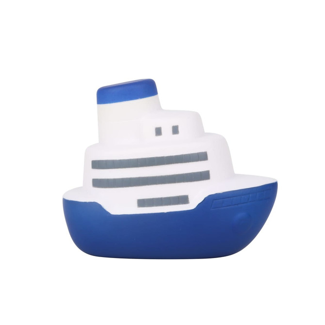A stress reliever shaped like a blue and white ship, featuring details on the hull and superstructure.