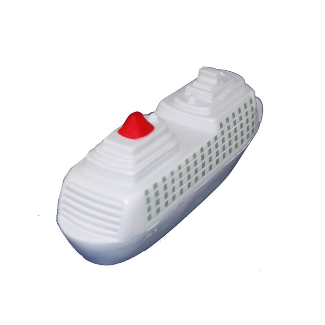 A white stress reliever shaped like a cruise ship, featuring a red top and green grid pattern on the sides.