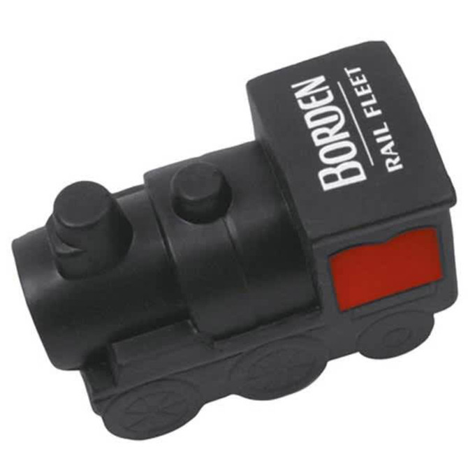 A black and red locomotive-shaped stress reliever, featuring a logo on one side.