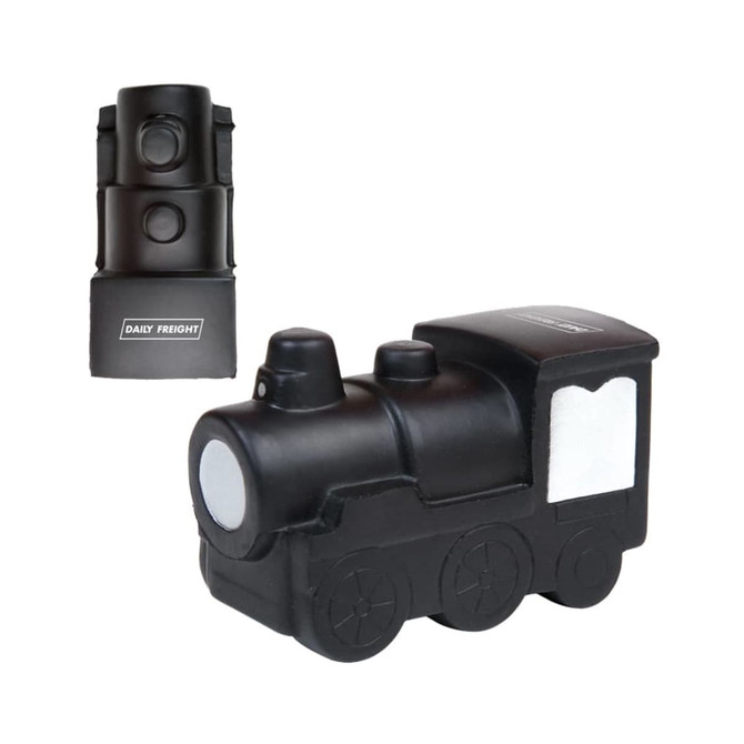 A black locomotive-shaped stress reliever with a logo, featuring detailed design elements and a soft texture.