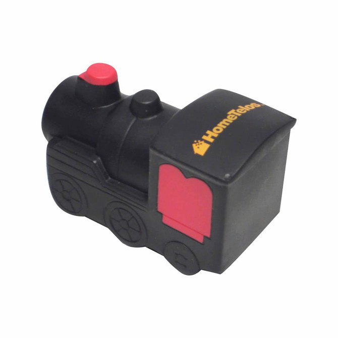 A black locomotive-shaped stress reliever with red details and a logo on the side.