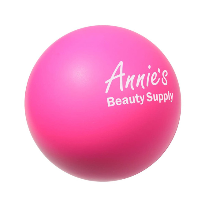 A pink baseball-shaped stress reliever with a logo printed on it.