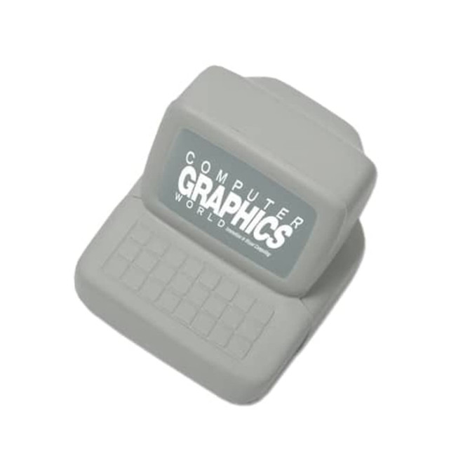 A grey computer-shaped stress reliever with a keyboard design and a logo on the screen area.