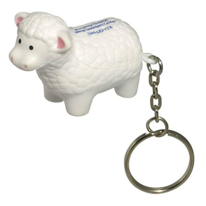 A white sheep-shaped stress reliever keyring with a metal chain. It features a textured wool-like surface.