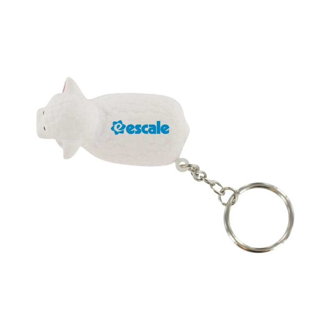 A white sheep-shaped stress reliever attached to a metal keyring, featuring a logo on its side.