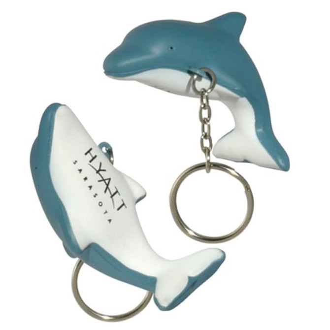 A teal and white dolphin-shaped keyring stress reliever with a keychain attachment and a logo.