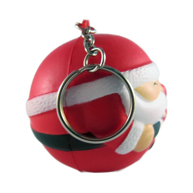 A red Santa stress reliever keyring featuring a smiling Santa with a white beard and a keychain loop.