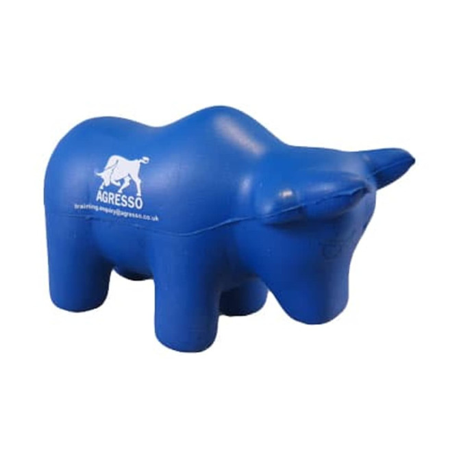 A blue bull-shaped stress reliever with a logo on one side. Suitable for stress relief and fun.