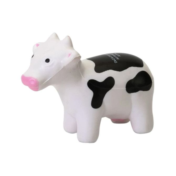 A white and black cow-shaped stress reliever with a pink nose, featuring a logo on its side.