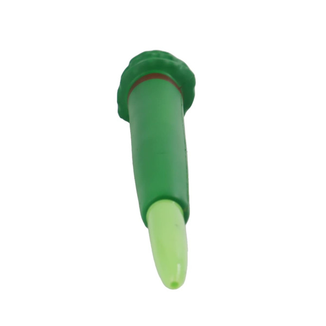 A green pen designed to resemble a tree, featuring a green top and a smooth writing tip. It has a logo.