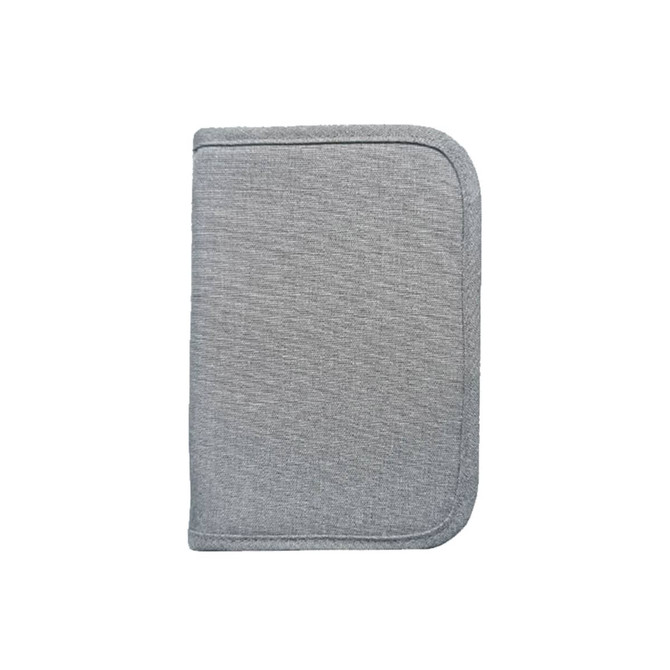 A grey passport holder featuring a textured fabric finish and a subtle logo.