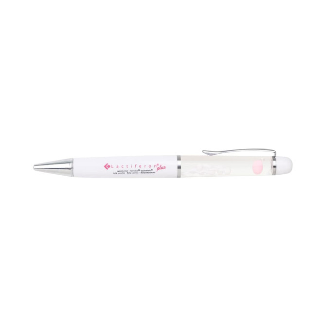 A white plastic pen with a silver clip and a transparent barrel featuring a logo.