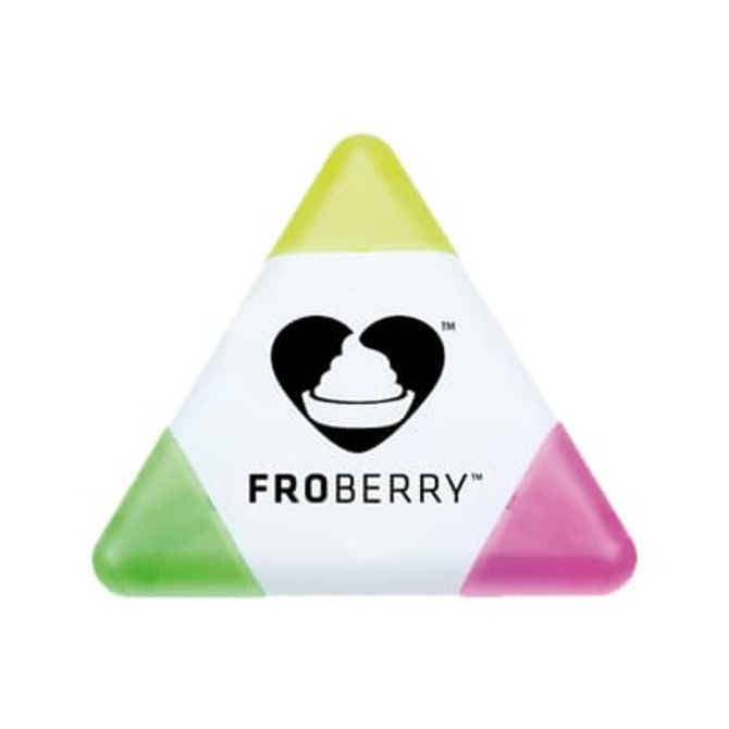 A triangular highlighter pen in yellow, green, and pink with a logo on one side.