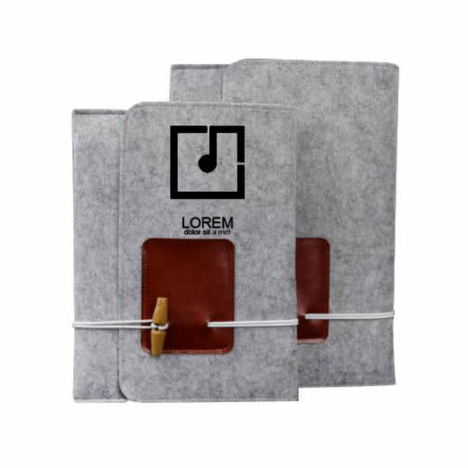 A small grey felt file pouch with a clear window and a logo, secured with a cord and wooden toggle.