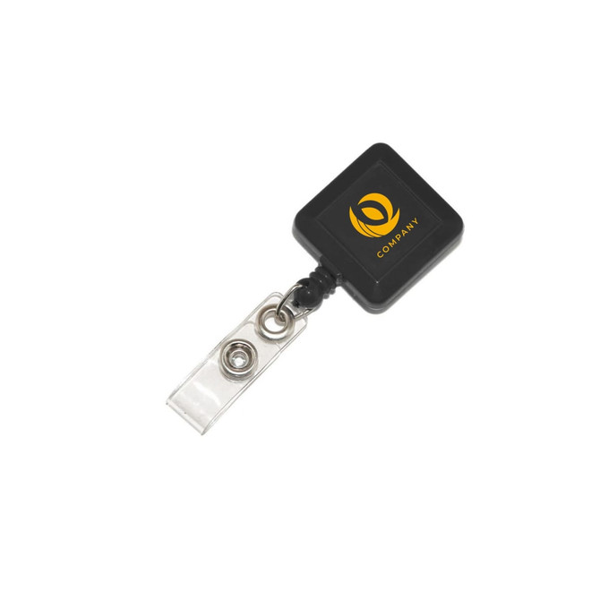 A square black retractable card holder with a clear badge attachment and a logo.