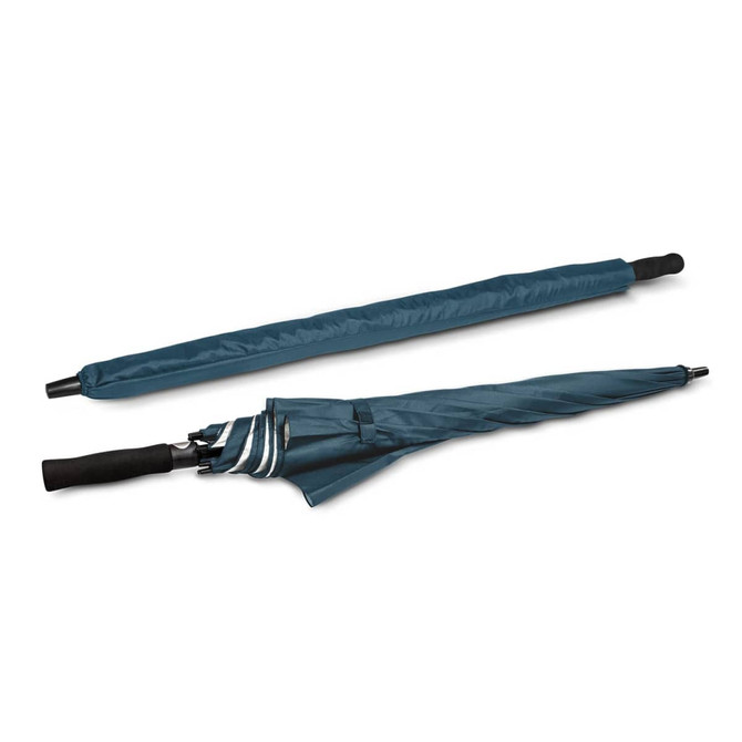 A teal umbrella with a black handle, shown both closed and partially opened, featuring a logo.