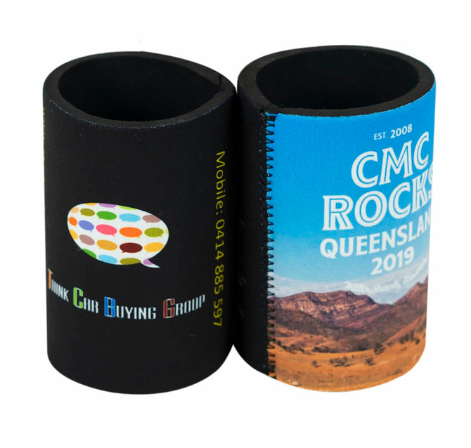 A budget can cooler featuring a black design on one side and a scenic landscape print on the other.