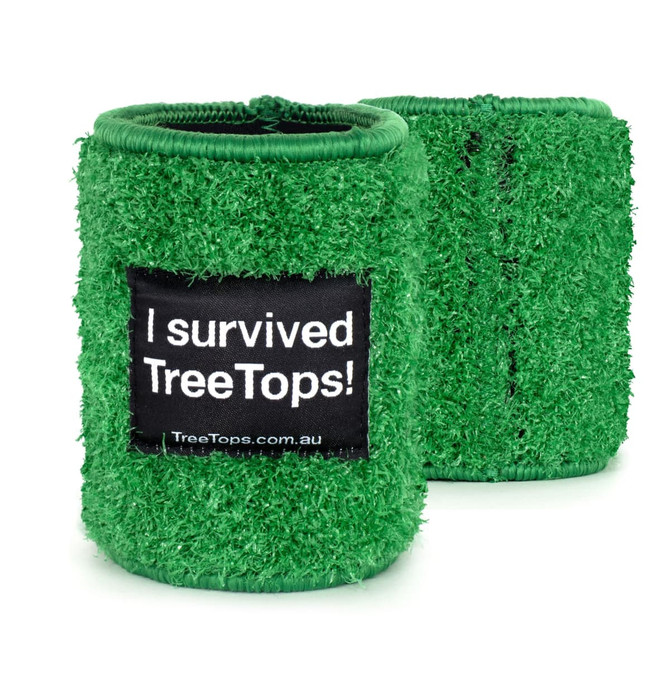 A drink bottle cooler in bright green, resembling astro turf, with a logo on a black patch.