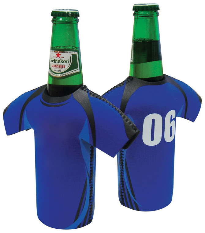 A drink bottle cooler in the shape of a blue soccer jersey with a number on the back and a logo.