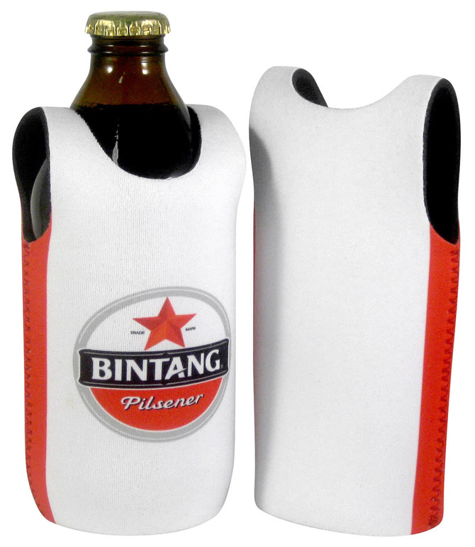 A drink bottle cooler in white and red, featuring a logo on the front and a sleeveless design.