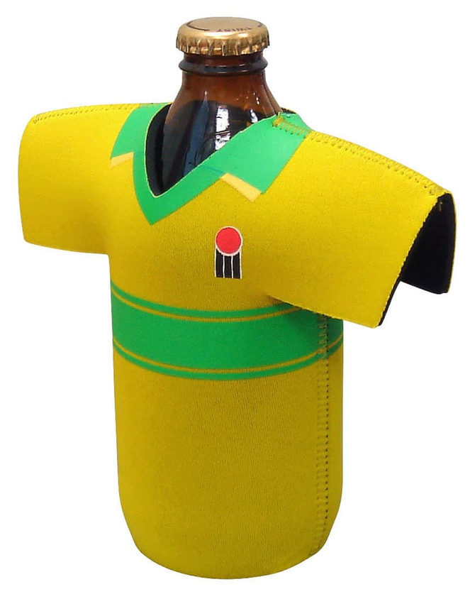 A drink bottle cooler designed like a classic cricket jersey, featuring yellow and green colours with a logo.