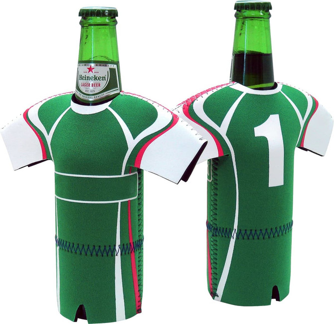 A drink bottle cooler designed like a green soccer jersey with pink accents, featuring a small number on the front.