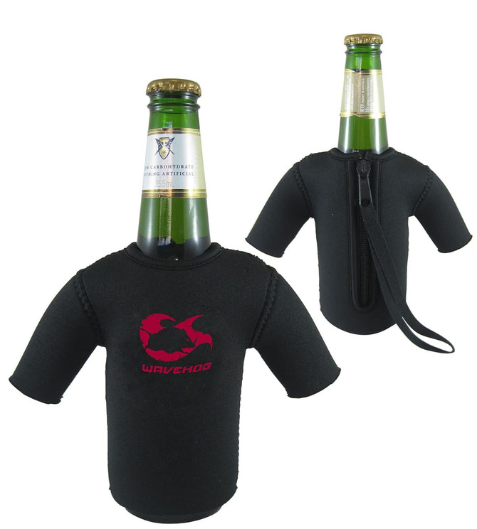 A drink bottle covered in a black wetsuit-style cooler, featuring short sleeves and a logo.