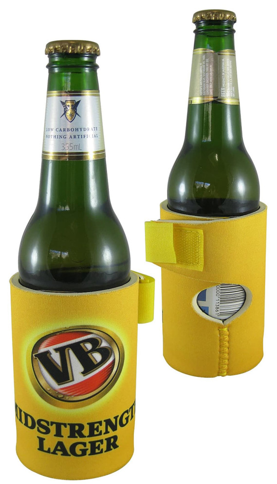 A drink bottle cooler in bright yellow with a logo, designed to fit around standard beverage bottles.