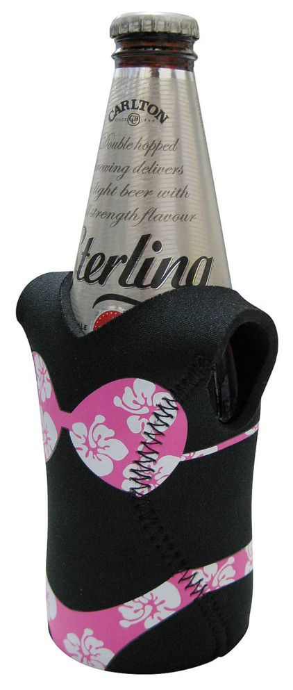 A drink bottle cooler shaped like a bikini, featuring a black and pink design with floral patterns. It also has a logo.