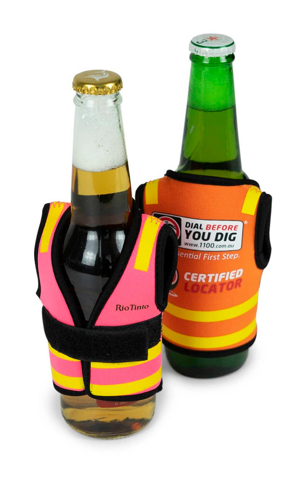 A drink bottle cooler in vibrant pink and yellow, designed with reflective safety vest features and branding.