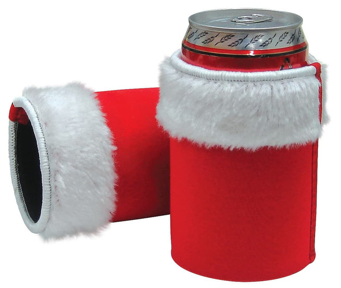 A red can cooler with white fur trim, resembling a Santa Claus outfit, featuring a can inside. It includes a logo.