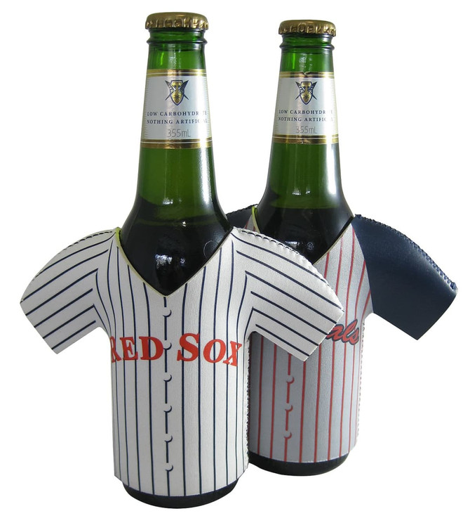 A drink bottle cooler designed like a baseball jersey, featuring blue and white striped patterns with a logo.