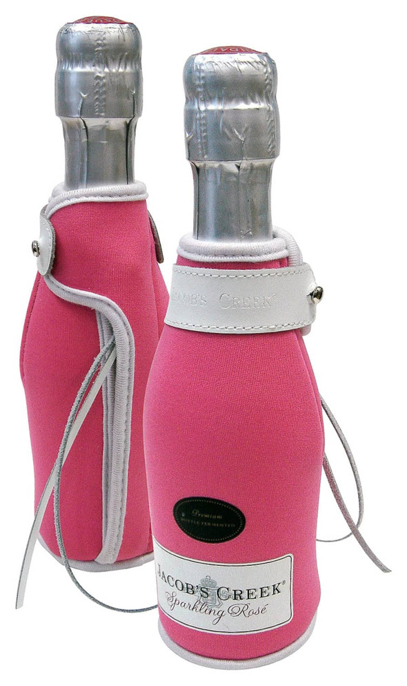 Two pink drink bottle holders with silver tops and branding, designed for a sparkling rosé.