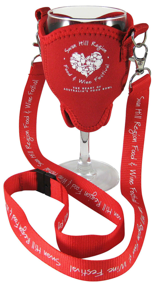 A wine glass holder featuring a lanyard in red, designed to securely carry a wine glass. It includes a logo.