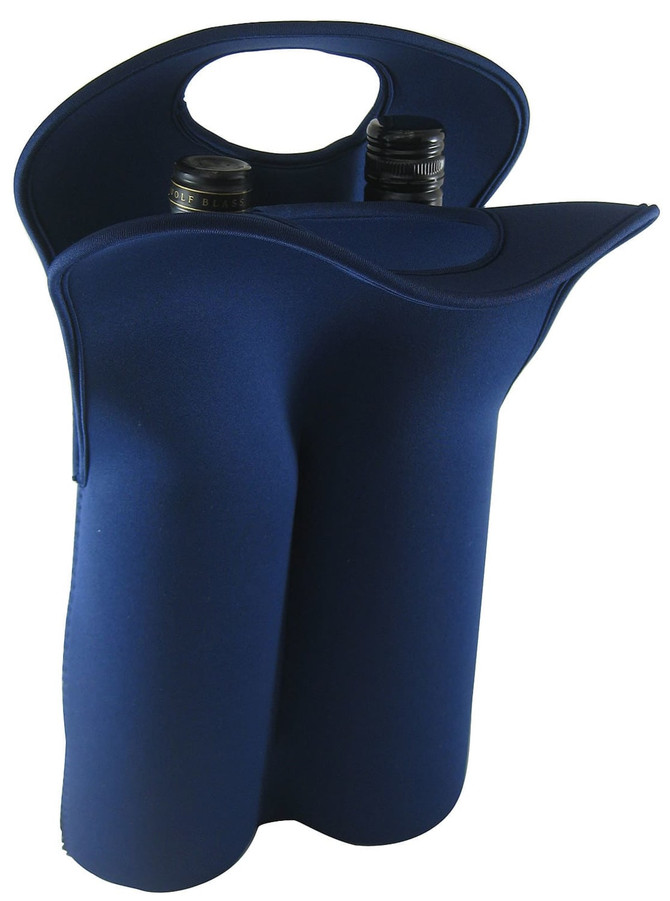 A double wine bag in navy blue, designed to hold two bottles, featuring a handle and a plain logo.