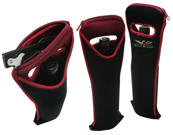 A black wine bag with a maroon trim and a waiter's friend corkscrew, featuring a logo.